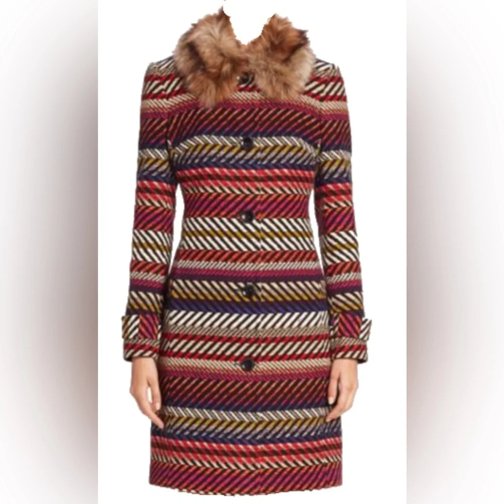 Trina Turk NWOT Kendell Striped Jacket Faux Fur Collar Size 6